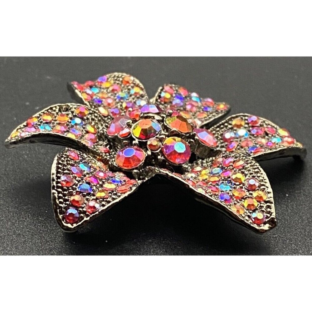Sparkling Vintage Brooch Japanned Flower Pin AB Red Rhinestones Boho - Picture 6 of 8